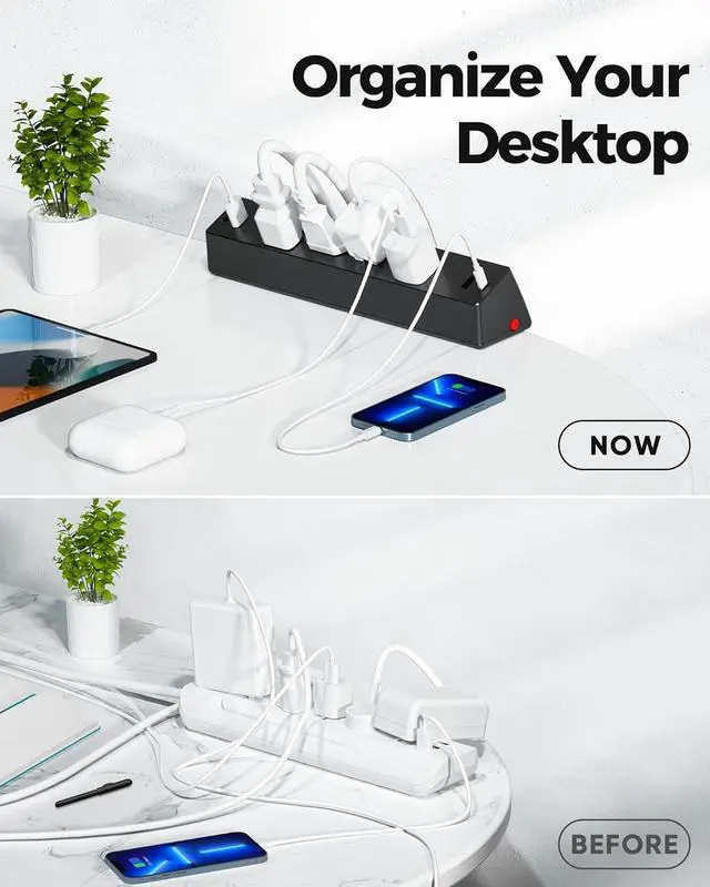 Alt view image 4 of 7 - Desk Clamp Power Strip, 1875W Surge Protectors with 2 USB A, 2 USB C Ports, 4 AC Outlets, Desk Mount Charging Station, Fit 1.7 inch Tabletop Edge Thick, Desktop Outlets for Home Office.
