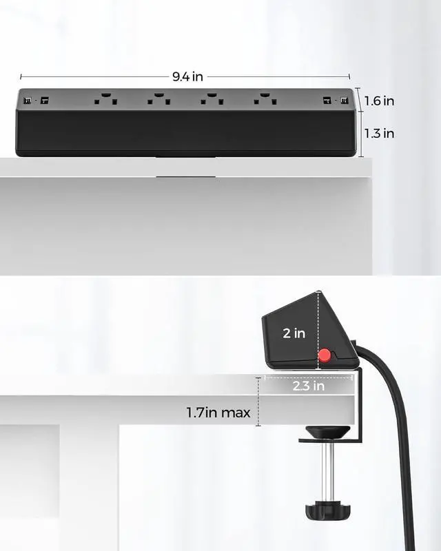 Alt view image 6 of 7 - Desk Clamp Power Strip, 1875W Surge Protectors with 2 USB A, 2 USB C Ports, 4 AC Outlets, Desk Mount Charging Station, Fit 1.7 inch Tabletop Edge Thick, Desktop Outlets for Home Office.