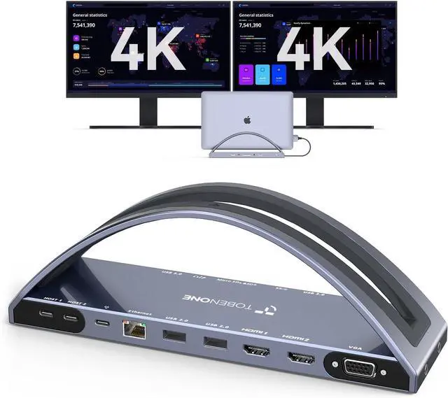Main image of TobenONE USB C Docking Station Dual 4K Monitor for MacBook Pro/Air M3/M4, 13-in-2 Mac Docking Station Stand with 2 HDMI, VGA, 5 USB, 100W PD, Ethernet, SD/Micro SD, Audio (No Power Adapter Included)