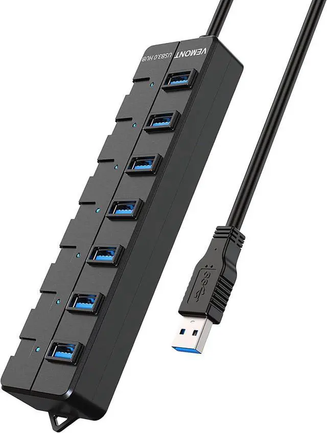 Main image of USB hub,7 Port USB 3.0 Hub,VEMONT USB Splitter with Individual On/Off Switches and Lights, 4ft/1.2m USB HUB Long Cable, USB Extension for Laptop and PC Computer