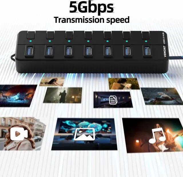 Alt view image 2 of 7 - USB hub,7 Port USB 3.0 Hub,VEMONT USB Splitter with Individual On/Off Switches and Lights, 4ft/1.2m USB HUB Long Cable, USB Extension for Laptop and PC Computer