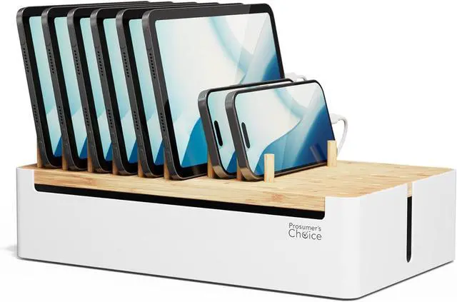 Main image of Prosumers Choice Bamboo Charging Station for Multiple Devices - Wooden Charger Organizer with Removable Dividers for Phones, Tablets, and Laptops - 11 Inch Cable Organizer Box - Space-Saving Desk Dock