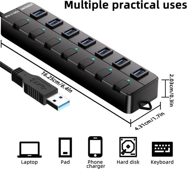 Alt view image 6 of 7 - USB hub,7 Port USB 3.0 Hub,VEMONT USB Splitter with Individual On/Off Switches and Lights, 4ft/1.2m USB HUB Long Cable, USB Extension for Laptop and PC Computer