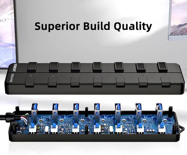 Alt view image 7 of 7 - USB hub,7 Port USB 3.0 Hub,VEMONT USB Splitter with Individual On/Off Switches and Lights, 4ft/1.2m USB HUB Long Cable, USB Extension for Laptop and PC Computer