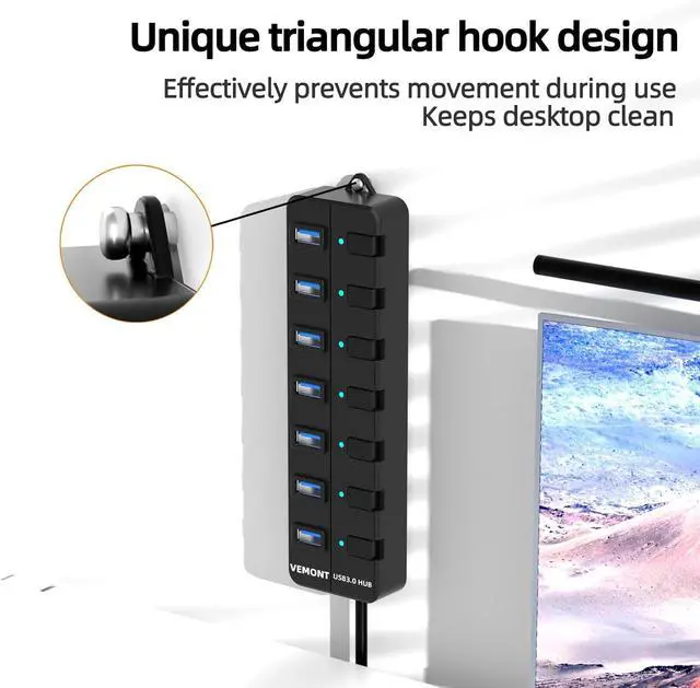 Alt view image 5 of 7 - USB hub,7 Port USB 3.0 Hub,VEMONT USB Splitter with Individual On/Off Switches and Lights, 4ft/1.2m USB HUB Long Cable, USB Extension for Laptop and PC Computer