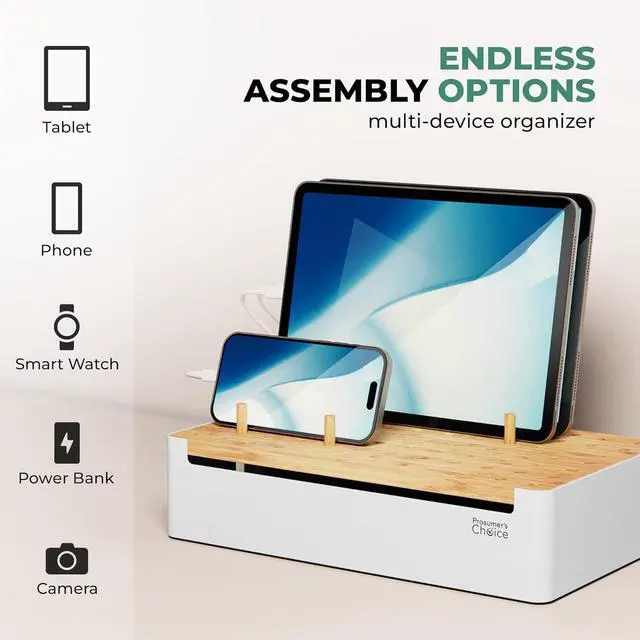 Alt view image 3 of 7 - Prosumers Choice Bamboo Charging Station for Multiple Devices - Wooden Charger Organizer with Removable Dividers for Phones, Tablets, and Laptops - 11 Inch Cable Organizer Box - Space-Saving Desk Dock