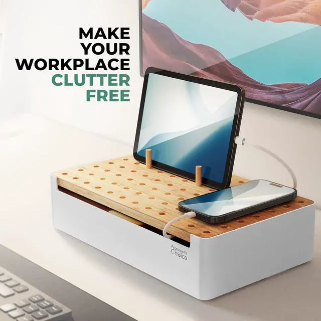 Alt view image 7 of 7 - Prosumers Choice Bamboo Charging Station for Multiple Devices - Wooden Charger Organizer with Removable Dividers for Phones, Tablets, and Laptops - 11 Inch Cable Organizer Box - Space-Saving Desk Dock