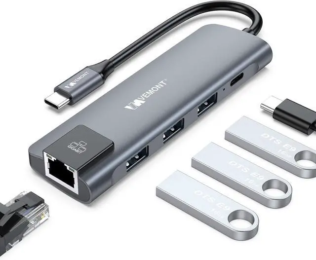 Main image of VEMONT USB C hub,5 in1 USB-C hub, Type-c multiport Adapter with Gigabit Ethernet, 3 USB 3.0 hub for Data, 100W Power Delivery, USB c hub for Laptop MacBook/ipad, and Other USB C Devices