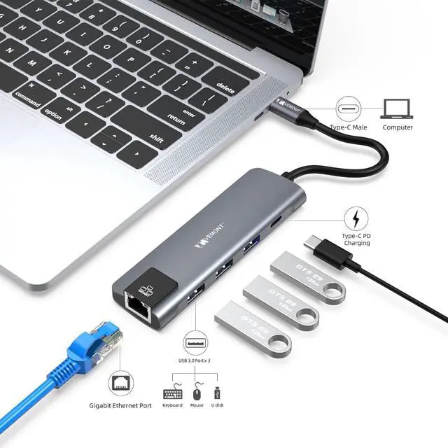 Alt view image 2 of 7 - VEMONT USB C hub,5 in1 USB-C hub, Type-c multiport Adapter with Gigabit Ethernet, 3 USB 3.0 hub for Data, 100W Power Delivery, USB c hub for Laptop MacBook/ipad, and Other USB C Devices
