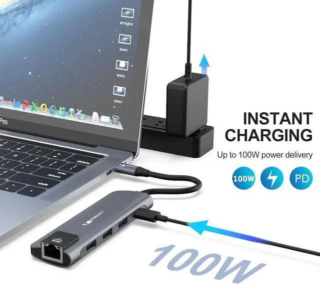 Alt view image 5 of 7 - VEMONT USB C hub,5 in1 USB-C hub, Type-c multiport Adapter with Gigabit Ethernet, 3 USB 3.0 hub for Data, 100W Power Delivery, USB c hub for Laptop MacBook/ipad, and Other USB C Devices