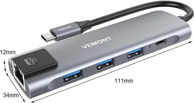Alt view image 7 of 7 - VEMONT USB C hub,5 in1 USB-C hub, Type-c multiport Adapter with Gigabit Ethernet, 3 USB 3.0 hub for Data, 100W Power Delivery, USB c hub for Laptop MacBook/ipad, and Other USB C Devices