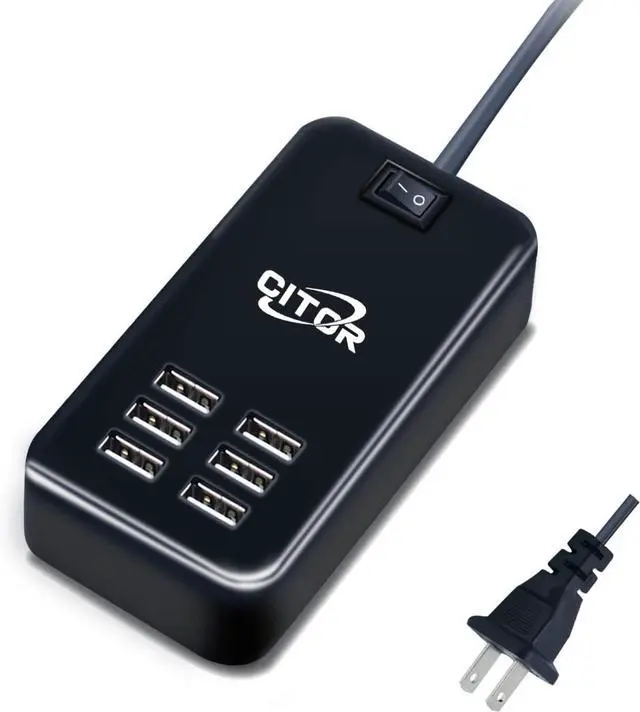 Main image of Multiport USB Charger, 6 Port USB Charging Station for Multiple Devices, Phone, Tablet, Power Strip with ON/Off Switch (Black)