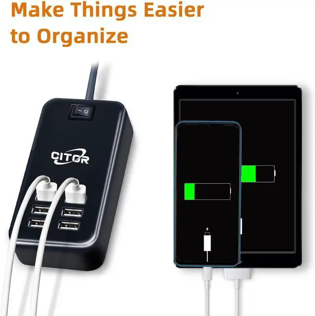 Alt view image 3 of 7 - Multiport USB Charger, 6 Port USB Charging Station for Multiple Devices, Phone, Tablet, Power Strip with ON/Off Switch (Black)