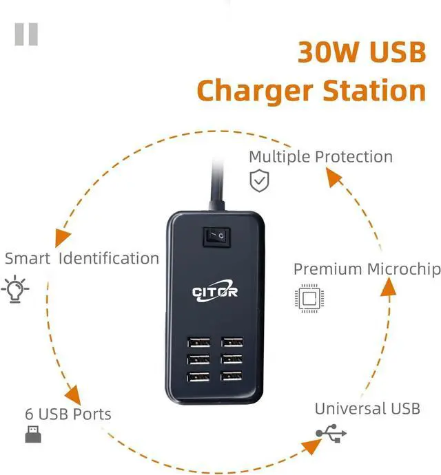 Alt view image 2 of 7 - Multiport USB Charger, 6 Port USB Charging Station for Multiple Devices, Phone, Tablet, Power Strip with ON/Off Switch (Black)