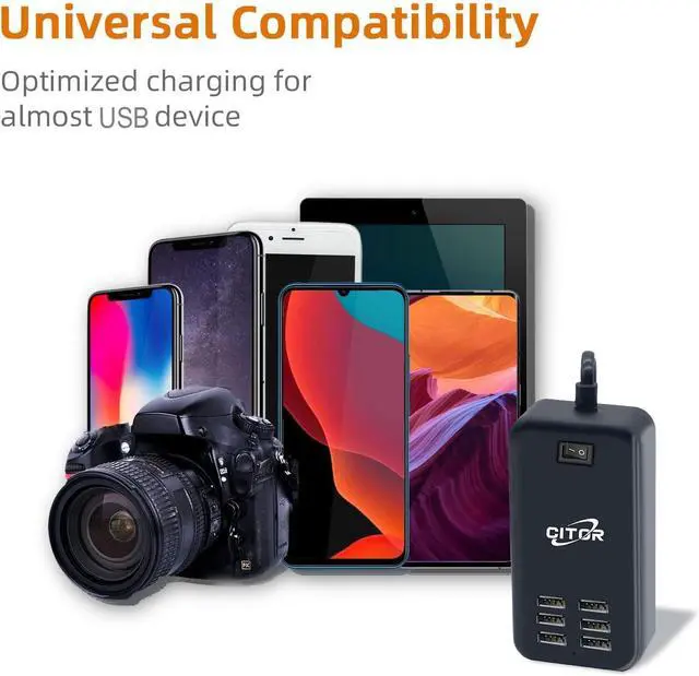 Alt view image 5 of 7 - Multiport USB Charger, 6 Port USB Charging Station for Multiple Devices, Phone, Tablet, Power Strip with ON/Off Switch (Black)