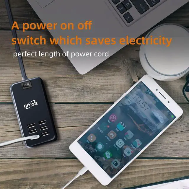 Alt view image 7 of 7 - Multiport USB Charger, 6 Port USB Charging Station for Multiple Devices, Phone, Tablet, Power Strip with ON/Off Switch (Black)