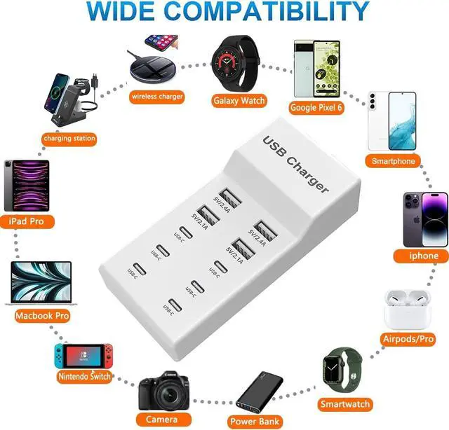 Alt view image 2 of 7 - USB C Charger,10 Ports USB Charger Station with 6 Ports USB-C Charging Hub, Desktop 50W Multi Port Charging Compatible with iPhone 12/13/14/15/16/Samsung S22/S23/S24/Tablet/Watch/Headphones