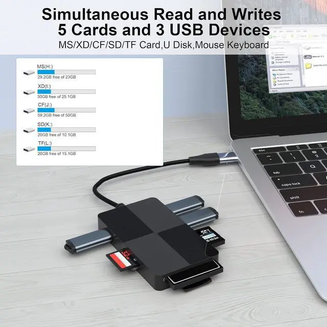 Alt view image 4 of 7 - USB C USB 3.0 Multi Card Reader with USB Hub,8 in 2 XD/SD/TF/CF/MS CardSony Memory Stick Pro Duo Adapter,XD Card Reader 5Gps High Speed Read 8 Ports Simultaneously for Windows Mac OS Linux Android