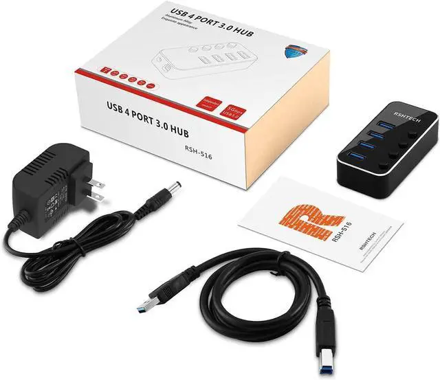 Alt view image 7 of 7 - Powered USB Hub, RSHTECH 4 Port USB 3.0 Hub Splitter Portable Aluminum USB Data Hub Expander with Individual On/Off Switch and Universal 5V AC Adapter, 3.3ft USB 3.0 Cable (RSH-516)