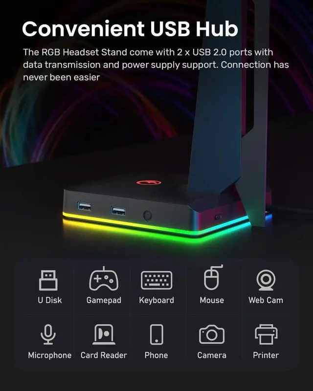 Alt view image 4 of 7 - RGB Gaming Headset Stand with 2 USB Ports, Game Headphone Mount for PC, Xbox One, PS4, Switch, Earphone Holder Hanger, Great for Gaming Stations, Fancy Desk Gamer Accessories, Black