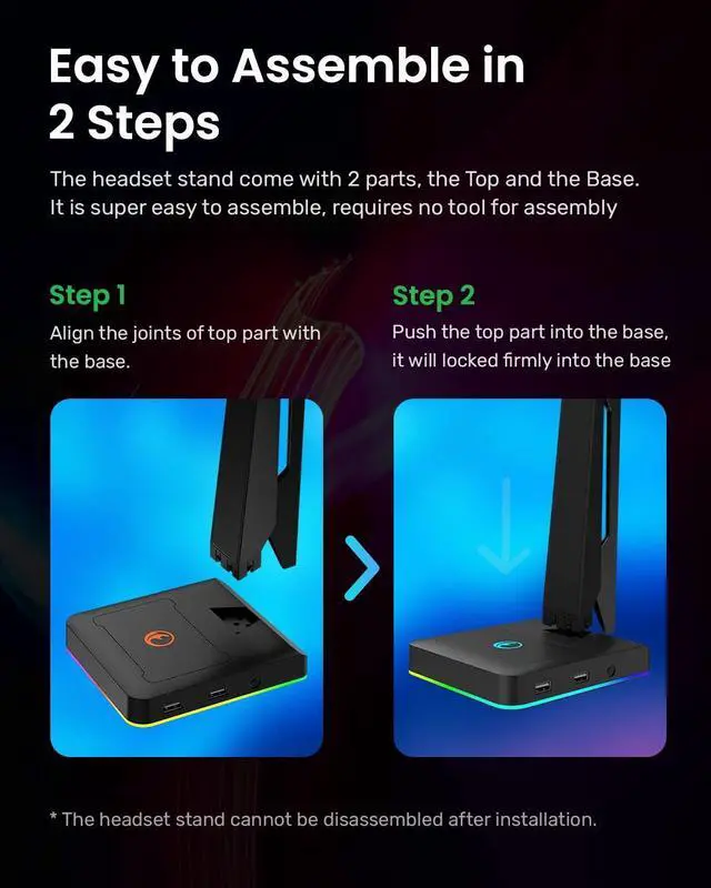 Alt view image 6 of 7 - RGB Gaming Headset Stand with 2 USB Ports, Game Headphone Mount for PC, Xbox One, PS4, Switch, Earphone Holder Hanger, Great for Gaming Stations, Fancy Desk Gamer Accessories, Black
