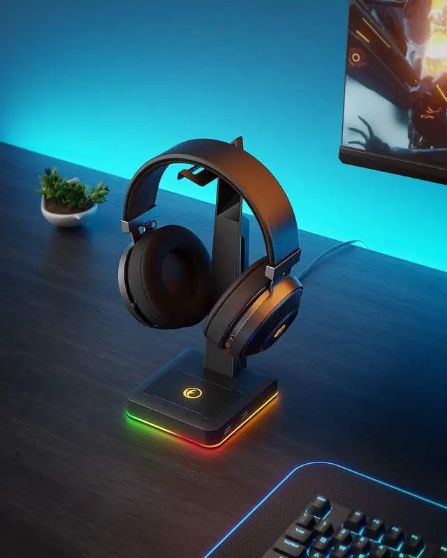 Alt view image 7 of 7 - RGB Gaming Headset Stand with 2 USB Ports, Game Headphone Mount for PC, Xbox One, PS4, Switch, Earphone Holder Hanger, Great for Gaming Stations, Fancy Desk Gamer Accessories, Black