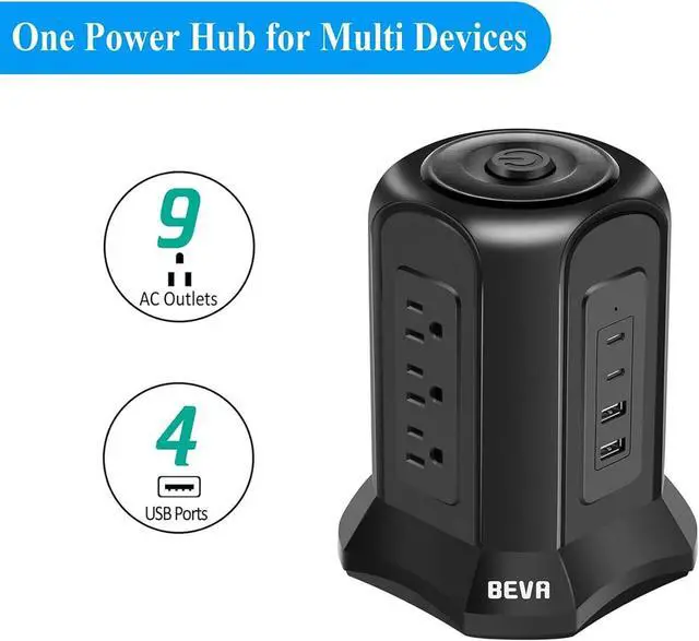 Alt view image 4 of 7 - Power Strip Tower Surge Protector BEVA 10ft Flat Plug Desktop Charging Station 9 AC Outlets 4 USB Ports, 900 Joules, Long Extension Cord for Home Office Appliances Smartphones Computer Tablets(Black)