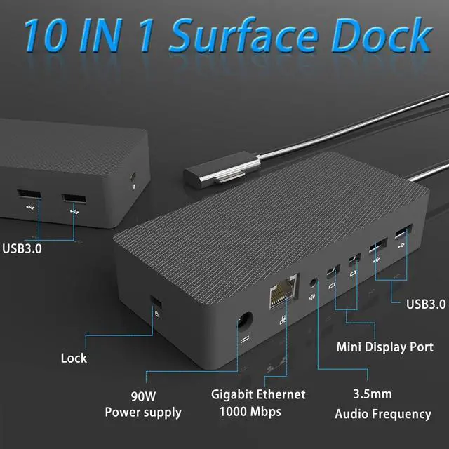 Alt view image 3 of 7 - Surface Pro Docking Station,90W Power Supply,4k HD,USB 3.0 x 4, Gigabit Ethernet, Mini DP x 2, 3.5mm Audio,Compatible with Surface Pro 7/X/6/4/3/2017, Laptop 5/4/3/2, Laptop go,Book 2/1,Surface Go 2/1
