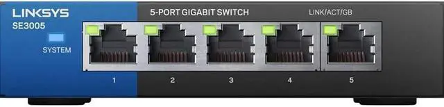 Main image of Linksys SE3005: 5-Port Gigabit Ethernet Unmanaged Switch, Computer Network, Auto-Sensing Ports Maximize Data Flow for up to 1,000 Mbps (Black, Blue)