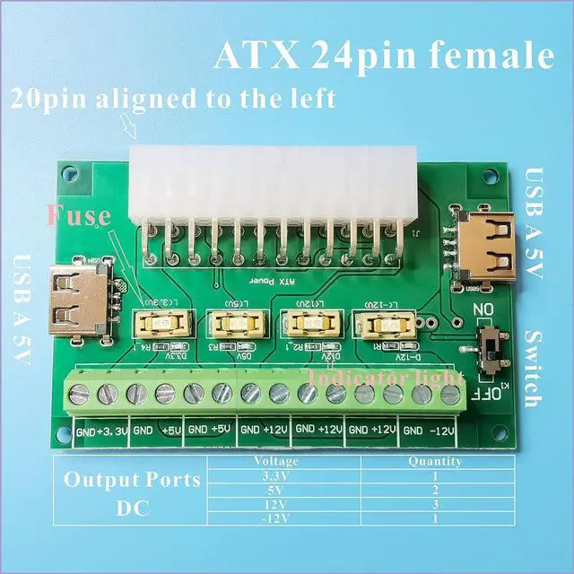Alt view image 2 of 6 - PSU Breakout Board ATX Power Supply DC 12V 5V 3.3V Splitter Module Desktop Adapter to USB A Hub Connector Computer Power Source Multi Port Output DIY Parent Child Electronic Kit with High Current Fuse