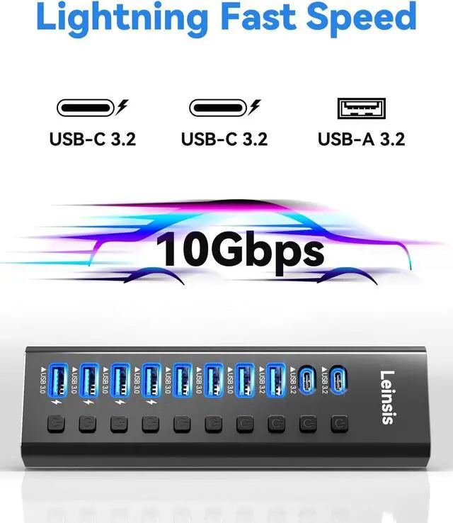 Alt view image 3 of 7 - Powered USB Hub 3.2, LEINSIS 10-Port USB 3.2/USB C Hub (10Gbps USB-A 3.2 +2 USB-C 3.2 +7 USB 3.0 Ports) with Individual On/Off Switches and 12V Power Adapter, Aluminum USB Hub Powered for Laptop PC