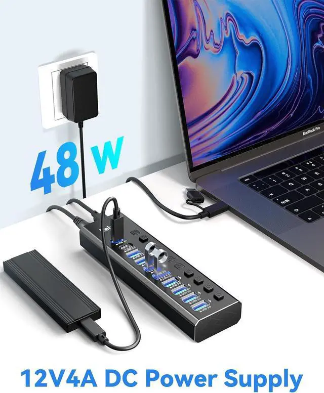 Alt view image 4 of 7 - Powered USB Hub 3.2, LEINSIS 10-Port USB 3.2/USB C Hub (10Gbps USB-A 3.2 +2 USB-C 3.2 +7 USB 3.0 Ports) with Individual On/Off Switches and 12V Power Adapter, Aluminum USB Hub Powered for Laptop PC