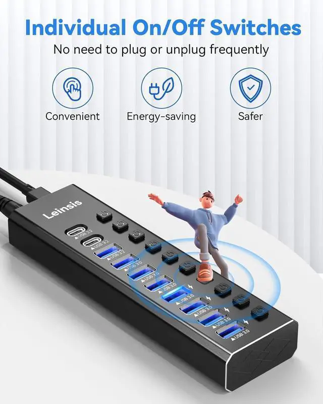 Alt view image 5 of 7 - Powered USB Hub 3.2, LEINSIS 10-Port USB 3.2/USB C Hub (10Gbps USB-A 3.2 +2 USB-C 3.2 +7 USB 3.0 Ports) with Individual On/Off Switches and 12V Power Adapter, Aluminum USB Hub Powered for Laptop PC