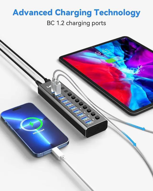 Alt view image 6 of 7 - Powered USB Hub 3.2, LEINSIS 10-Port USB 3.2/USB C Hub (10Gbps USB-A 3.2 +2 USB-C 3.2 +7 USB 3.0 Ports) with Individual On/Off Switches and 12V Power Adapter, Aluminum USB Hub Powered for Laptop PC