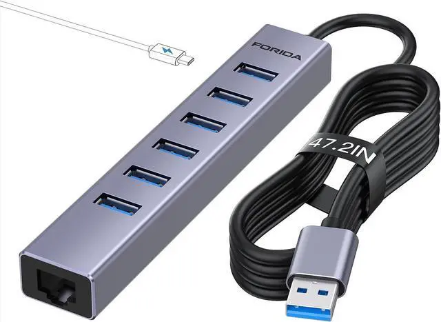 Main image of 7 Ports USB 3.0 Hub, USB to Network HUB with 3.9ft Long Cable for Laptop, USB Splitter with Gigabit Ethernet Port and 5V/3A Power Port, MultiPort Aluminum Expander for Laptop, iMac, PC, Flash Drives