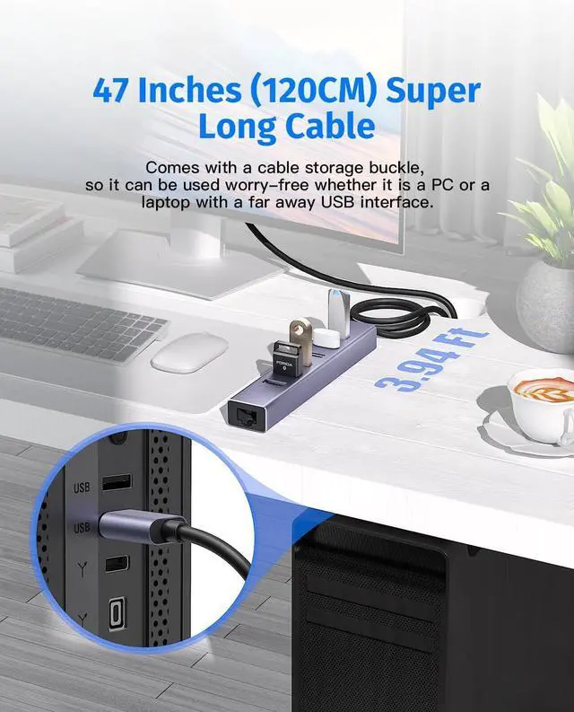 Alt view image 2 of 7 - 7 Ports USB 3.0 Hub, USB to Network HUB with 3.9ft Long Cable for Laptop, USB Splitter with Gigabit Ethernet Port and 5V/3A Power Port, MultiPort Aluminum Expander for Laptop, iMac, PC, Flash Drives