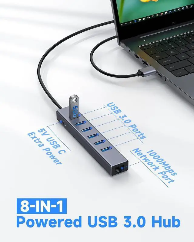 Alt view image 3 of 7 - 7 Ports USB 3.0 Hub, USB to Network HUB with 3.9ft Long Cable for Laptop, USB Splitter with Gigabit Ethernet Port and 5V/3A Power Port, MultiPort Aluminum Expander for Laptop, iMac, PC, Flash Drives