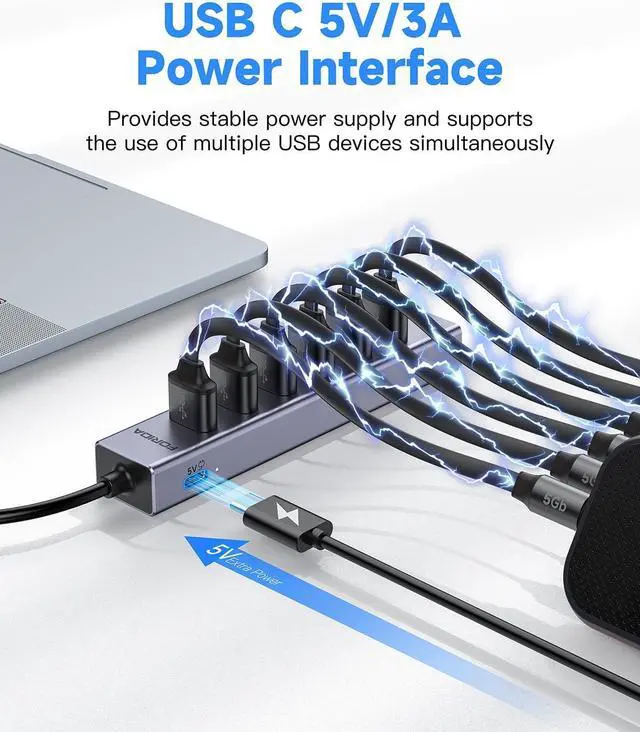 Alt view image 4 of 7 - 7 Ports USB 3.0 Hub, USB to Network HUB with 3.9ft Long Cable for Laptop, USB Splitter with Gigabit Ethernet Port and 5V/3A Power Port, MultiPort Aluminum Expander for Laptop, iMac, PC, Flash Drives