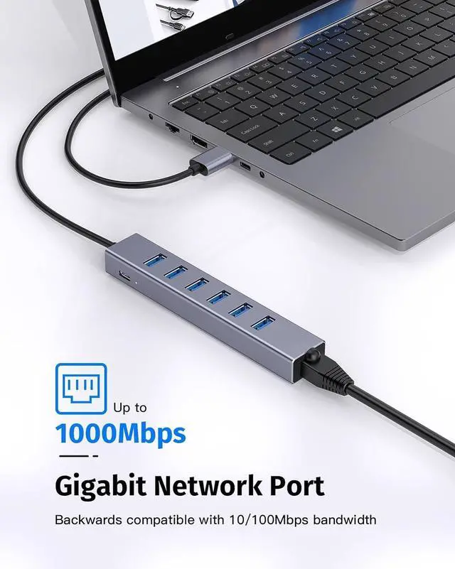 Alt view image 6 of 7 - 7 Ports USB 3.0 Hub, USB to Network HUB with 3.9ft Long Cable for Laptop, USB Splitter with Gigabit Ethernet Port and 5V/3A Power Port, MultiPort Aluminum Expander for Laptop, iMac, PC, Flash Drives