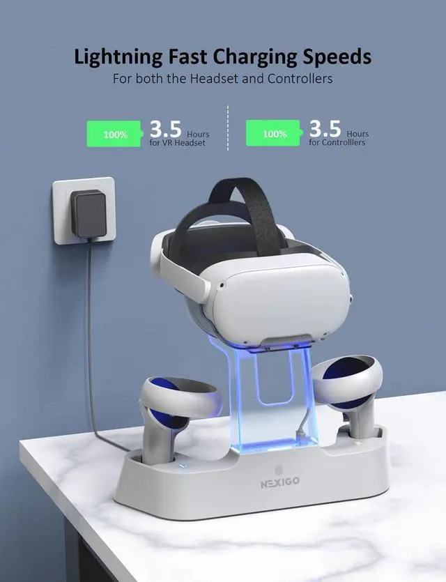 Alt view image 2 of 7 - NexiGo Enhanced Charging Dock with LED Light [On/Off] for Oculus Quest 2, [Support Elite Strap with Battery], Headset Display Holder and Controller Mount, 2 Rechargeable Batteries, USB-C Charger