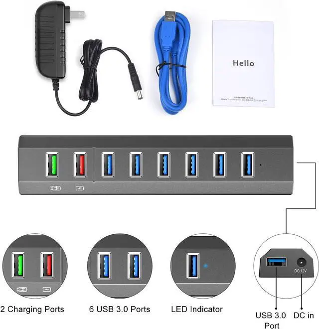 Alt view image 7 of 7 - RAOYI Powered USB 3.0 Hub, 8 Ports High Speed USB 3.0 Hub Splitter with 36W Power Adapter, 3.3ft Cable and Smart Fast Charger USB Hub for Laptop, PC, Mobile HDD, Mulitple Devices (Gray)