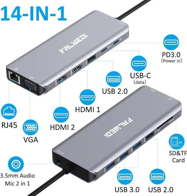 Alt view image 2 of 7 - USB C Laptop Docking Station, 14 in 1 Type C Hub Multiport Adapter Dongle with 3 Monitors, Dual HDMI, VGA, PD, Ethernet, SD/TF, USB C/A Ports, Mic/Audio, Compatible for Dell/Surface/HP/Lenovo Laptops