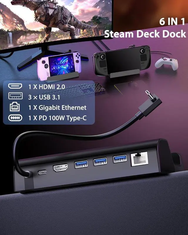 Alt view image 2 of 6 - Antank 6-in-1 Docking Station for Steam Deck/ROG Ally, Steam Deck Dock with HDMI 2.0 4K@60Hz Gigabit, 1000Mbps Ethernet, 100W PD Fast Charging and 3 USB-A 3.0 USB-C Port for Valve Steam Deck OLED