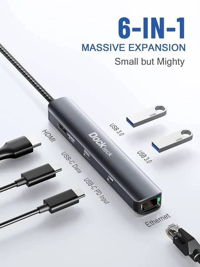 Alt view image 2 of 7 - USB C Hub Ethernet,6 in 1 Laptop Docking Station, Dockteck USB C Multiport Adapter with 4K@60Hz HDMI, 100W PD,USB-C Data Port, 1Gbps LAN, 2 USB 3.0 for MacBook Pro/Air, Surface Pro, XPS and More