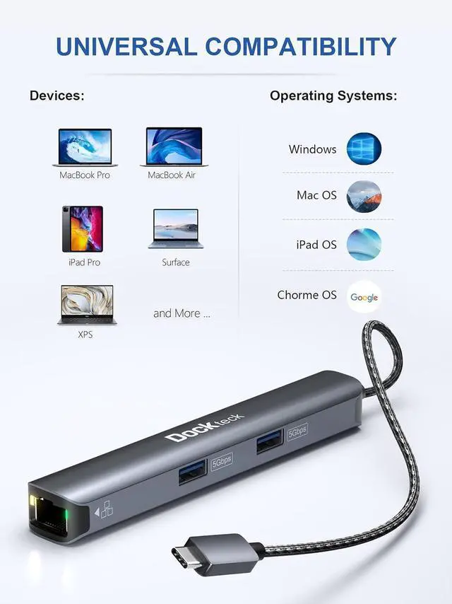 Alt view image 5 of 7 - USB C Hub Ethernet,6 in 1 Laptop Docking Station, Dockteck USB C Multiport Adapter with 4K@60Hz HDMI, 100W PD,USB-C Data Port, 1Gbps LAN, 2 USB 3.0 for MacBook Pro/Air, Surface Pro, XPS and More