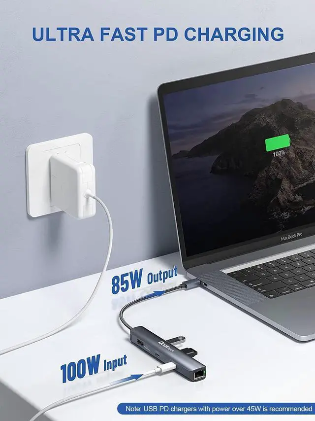 Alt view image 4 of 7 - USB C Hub Ethernet,6 in 1 Laptop Docking Station, Dockteck USB C Multiport Adapter with 4K@60Hz HDMI, 100W PD,USB-C Data Port, 1Gbps LAN, 2 USB 3.0 for MacBook Pro/Air, Surface Pro, XPS and More