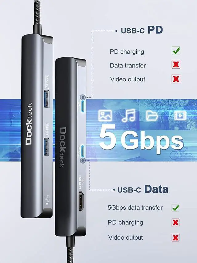 Alt view image 7 of 7 - USB C Hub Ethernet,6 in 1 Laptop Docking Station, Dockteck USB C Multiport Adapter with 4K@60Hz HDMI, 100W PD,USB-C Data Port, 1Gbps LAN, 2 USB 3.0 for MacBook Pro/Air, Surface Pro, XPS and More
