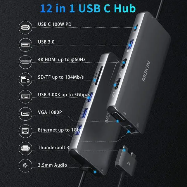 Alt view image 2 of 7 - MacBook Pro Docking Station Dual Monitor HDMI Adapter,12 in 1 USB C Adapters for MacBook Pro Air Mac HDMI Dock Dongle Dual USB C to Dual HDMI VGA Ethernet AUX 4USB SD/TF100W PD