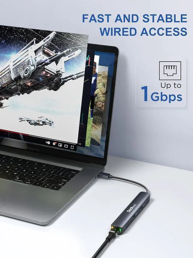 Alt view image 6 of 7 - USB C Hub Ethernet,6 in 1 Laptop Docking Station, Dockteck USB C Multiport Adapter with 4K@60Hz HDMI, 100W PD,USB-C Data Port, 1Gbps LAN, 2 USB 3.0 for MacBook Pro/Air, Surface Pro, XPS and More