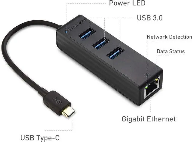 Alt view image 3 of 7 - Cable Matters 4-in-1 USB C Hub Ethernet, Support Gigabit Network, USB C Ethernet Hub, Thunderbolt LAN Adapter with 10/100/1000Mbps Network, Black